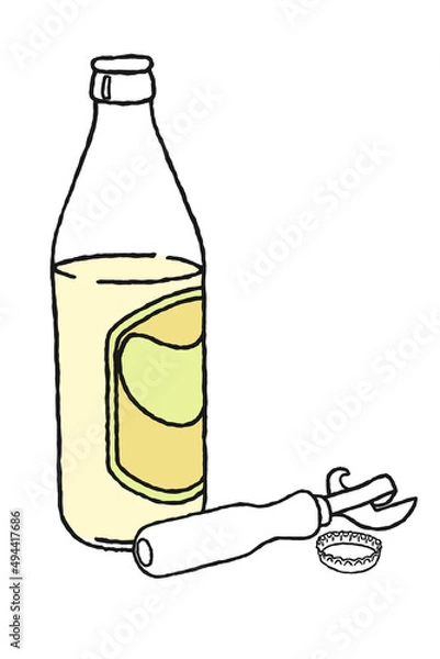 Obraz Glass bottle with lemonade, cap and opener