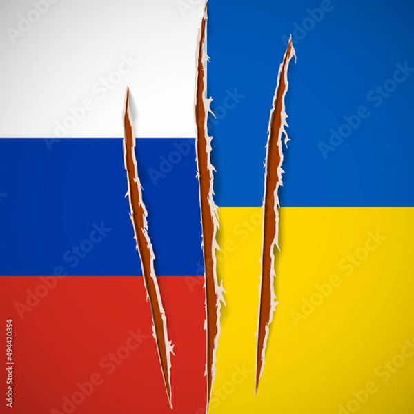 Fototapeta Conflict Ukraine-Russia. Flags of Russia and Ukraine. War in Ukraine. Nail trace. Ragged edges. Red claw animal track. Vector illustration. EPS10.