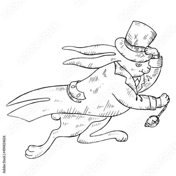 Fototapeta Engraving-style running rabbit in top hat and tailcoat with pocket watch, character from fairy tale Alice in Wonderland