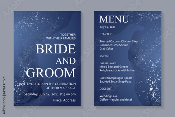 Fototapeta Modern watercolor background or elegant card design for birthday invite or wedding or menu with abstract navy blue ink waves and silver splashes.