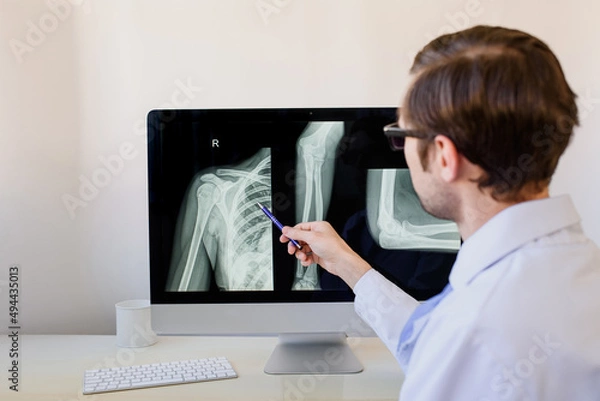 Fototapeta radiologist analyzing a patient arm and foream bones x ray.