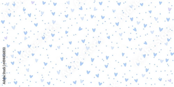 Fototapeta Blue white background with hearts and dots, seamless pattern, vector drawing wide horizontal
