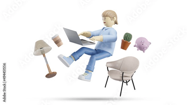 Obraz 3d cartoon illustration of a young businessman or student swimming and using a computer laptop for work at home or online learning