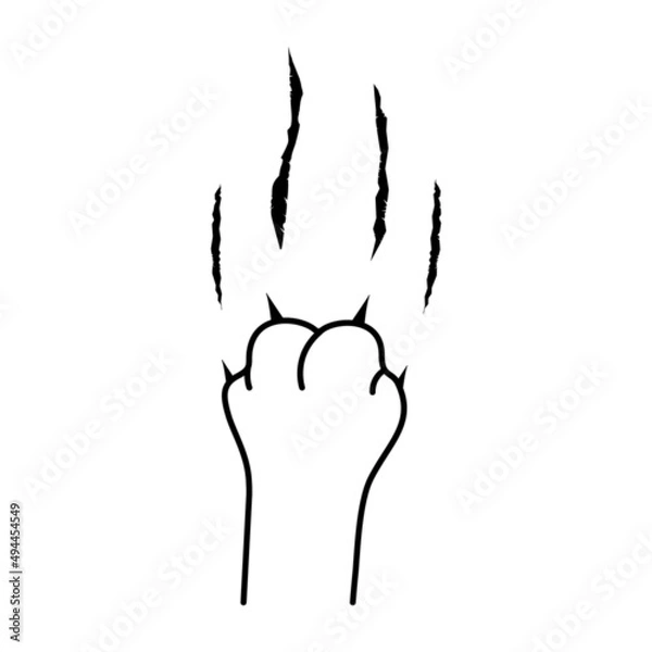 Fototapeta The cat's paw scratches the skin with sharp claws. Traces from the sharp claws of a cat, tiger, bear, dinosaur and other predators. Black outline isolated on white background. Vector