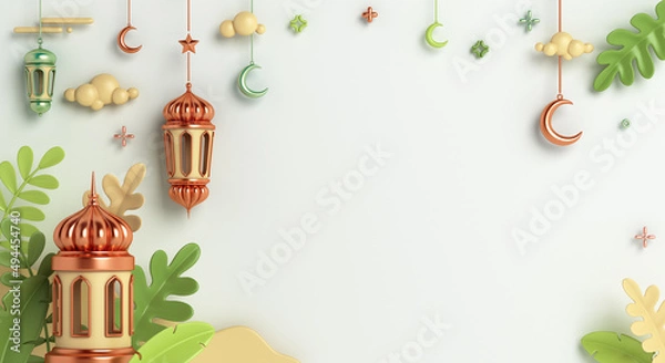 Fototapeta Islamic decoration background with crescent moon, lantern, leaves cartoon style, ramadan kareem, mawlid, iftar, isra  miraj, eid al fitr adha, muharram, copy space, 3D illustration.