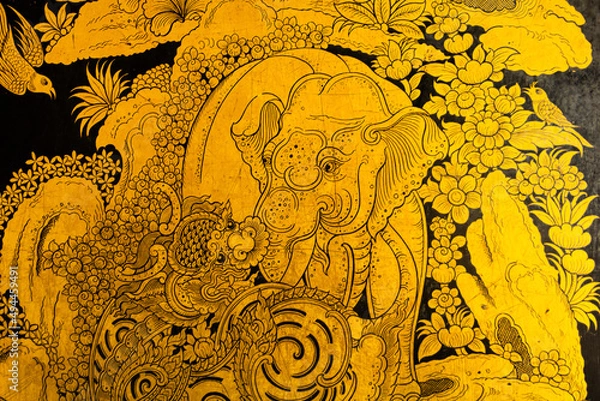 Fototapeta pattern in traditional Thai style art painting on window of the temple