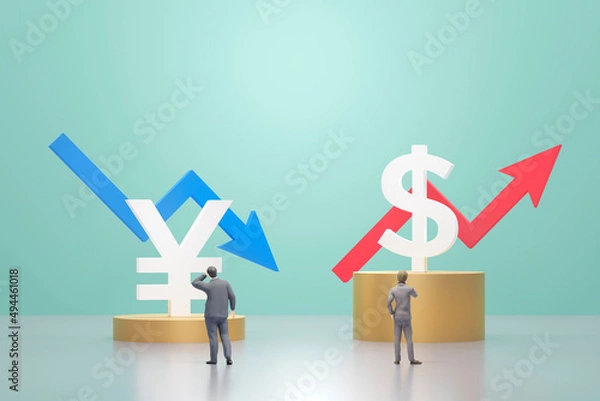Fototapeta 円安・ドル高のコンセプトイメージ / 変動する為替相場と考え込むビジネスマン / 3Dレンダリンググラフィックス