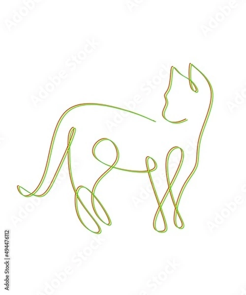 Fototapeta Abstract one line art drawing red, yellow and green cat on white background suitable for poster