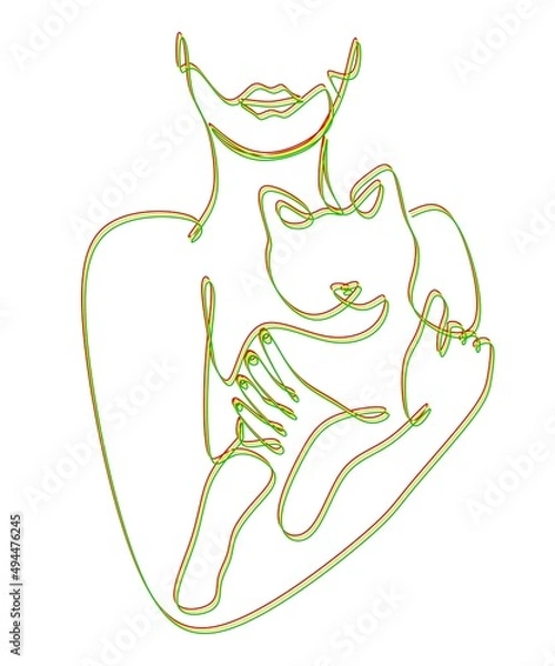 Fototapeta Abstract one line art drawing red, yellow and green woman and cat on white background