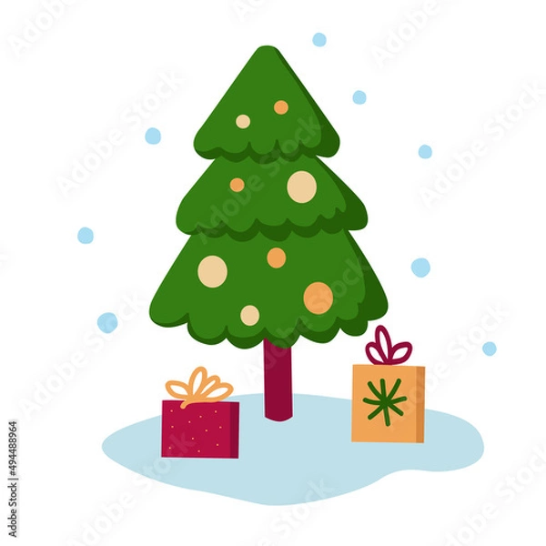 Fototapeta Christmas tree and two gift boxes. . Decorative elements in flat style. Vector illustration.
