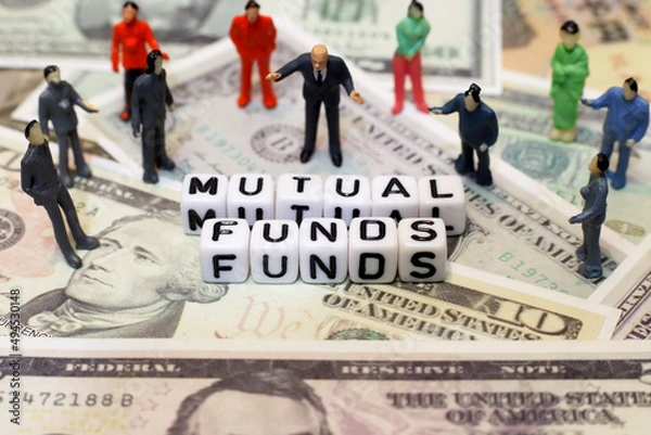Fototapeta crowd of people and letter cube on dollar background. conceptual image for mutual fund, investment and financial.