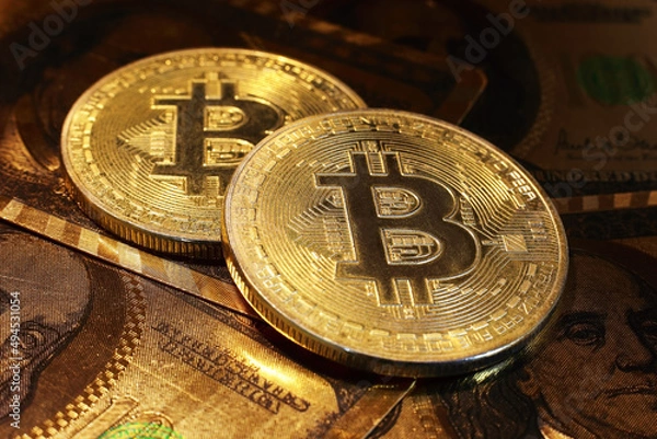 Fototapeta Golden bitcoin with dollar background. conceptual image for crypto currency.