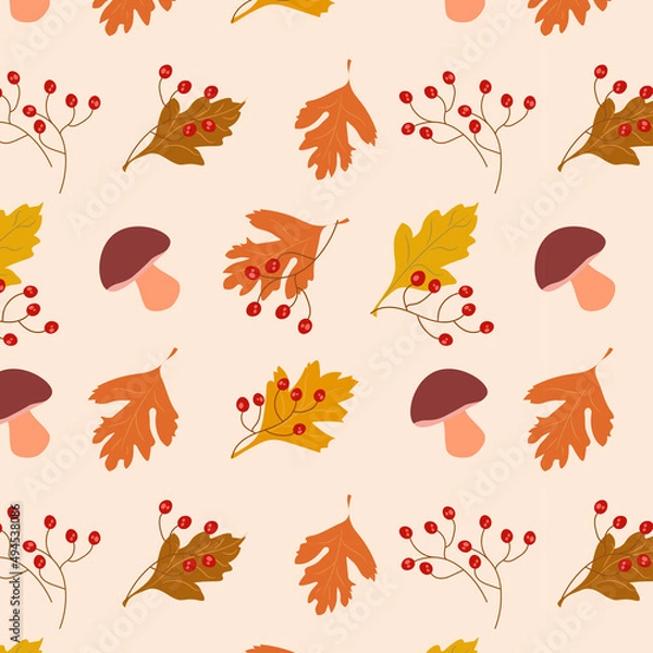 Fototapeta Autumn motive. Mushrooms, leaves, berries. Seamless pattern.