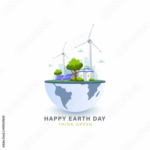 Fototapeta Happy earth day illustration vector design with globe map world environment . Ecology concept with green energy source for save the planet.