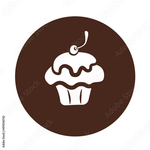 Fototapeta Cake with a cherry on a background in the form of a circle. A simple vector illustration suitable for use as an icon or logo. Chocolate color. Blank for the logo