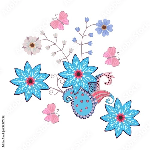 Fototapeta Beautiful print for clothes, ceramic tiles or dishes. Beautiful composition of flowers, paisley patterns and butterflies on a white background.