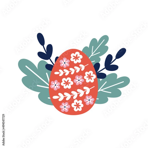 Fototapeta  Easter red egg with flowers in leaves