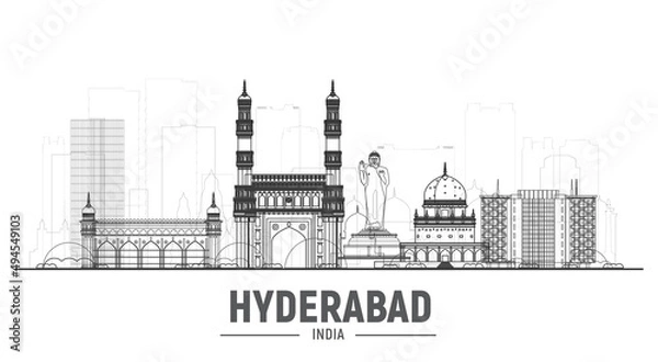 Obraz Hyderabad India line skyline with panorama in sky background. Vector Illustration. Business travel and tourism concept with modern buildings. Image for banner or web site.