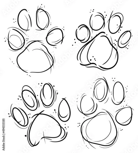 Fototapeta animal cat or dog paw print hand drawn ink splatter outline vector svg line art