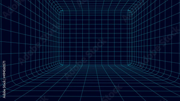Fototapeta Perspective blue grid on a dark background. Futuristic vector illustration. Virtual reality framework. Background in the style of the 80s.