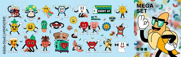 Obraz Mega zestaw naklejek z kreskówek w stylu retro z zabawnymi postaciami z komiksów, rękami w rękawiczkach. Współczesna ilustracja z uroczymi postaciami z komiksu. Ręcznie rysowane doodle postacie z komiksów. Zestaw w stylu współczesnego kreskówki