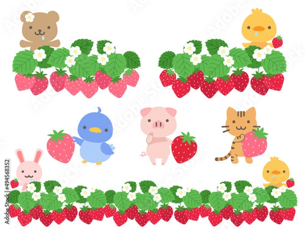 Obraz いちご畑と動物のイラストセット