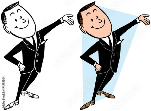 Obraz A vintage retro cartoon of a businessman gesturing towards something interesting to the right. 