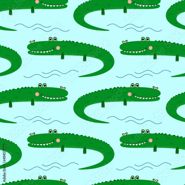 Fototapeta Seamless pattern with cute cartoon crocodiles in geometric arrangement