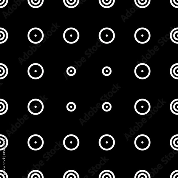 Fototapeta Vector illustration. Geometric seamless pattern. Solid dots and rhombus-shaped linear circles. Spotted black and white background. Simple black and white abstract pattern.