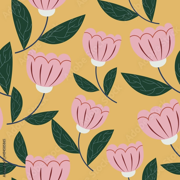 Fototapeta Yellow with pink flowers and green leaves seamless pattern background design.