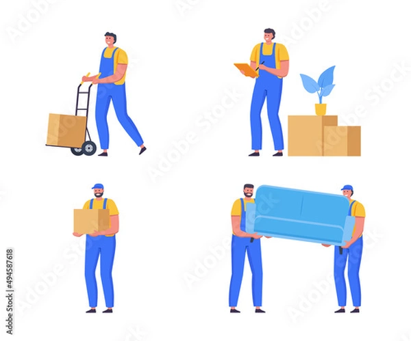 Fototapeta Character collection. Delivery men moving boxes to a new house, holding sofa. Moving service, delivery service, relocation concept. Set of courier flat vector illustration.