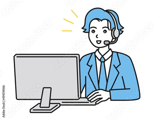 Fototapeta カスタマーサポート。パソコンの前でヘッドセットを着けた男性。コールセンターのコンセプトイラスト。