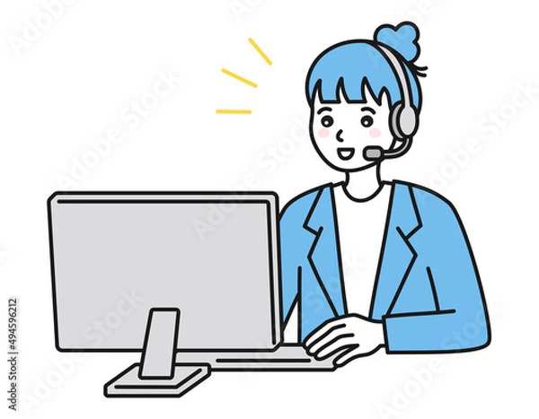 Fototapeta カスタマーサポート。パソコンの前でヘッドセットを着けた女性。コールセンターのコンセプトイラスト。
