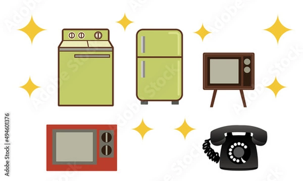 Fototapeta 昭和レトロ・家電・三種の神器冷蔵庫・洗濯機・白黒テレビ・おまけの黒電話