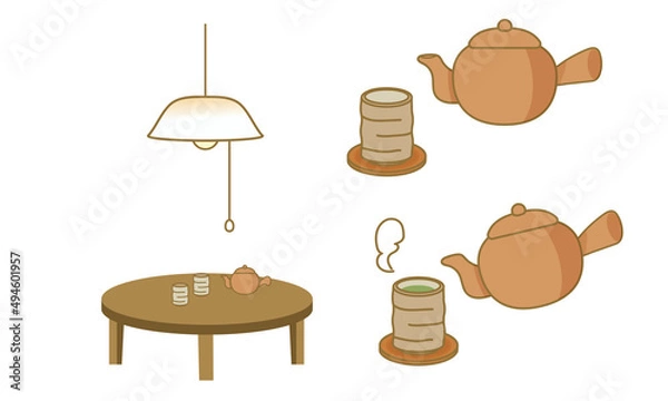 Fototapeta ちゃぶ台と急須と湯呑ひも付き照明・昭和レトロ・お茶を注いでいるイラスト