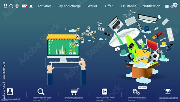 Fototapeta Online shopping  with Ordering, Pay, Product delivery  -  Creativity modern Idea and Concept illustration vector.