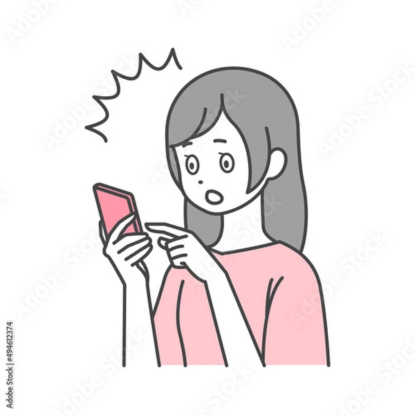 Obraz スマートフォンを操作していて驚く女性