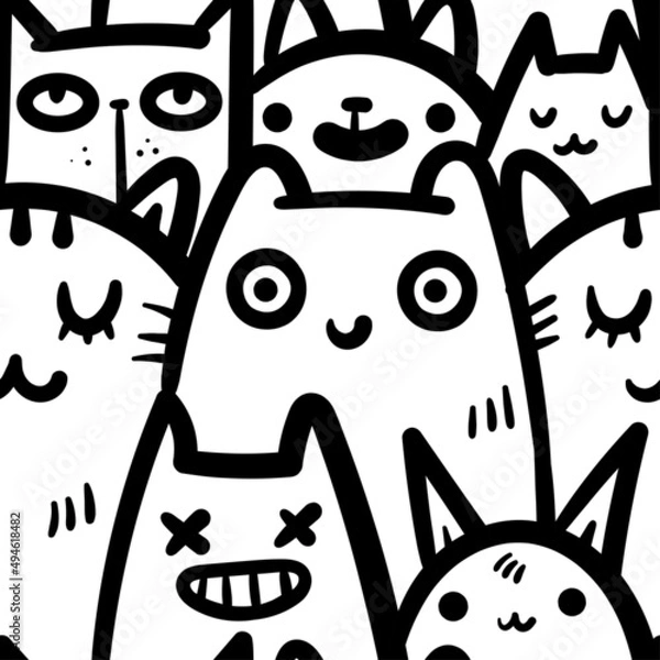 Fototapeta Seamless pattern with cute cats on white background. Funny animals wallpaper. Vector doodle kittens print.