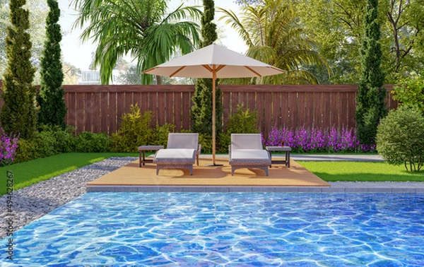 Fototapeta 3d render backyard pool and garden