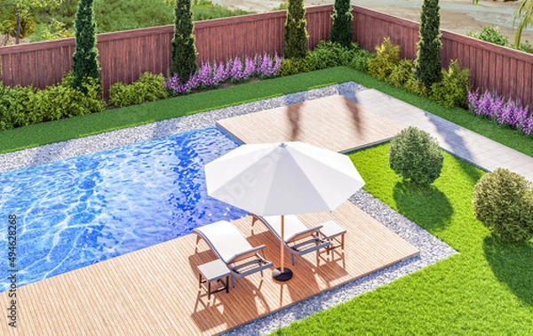 Fototapeta 3d render backyard pool and garden