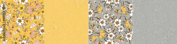 Fototapeta Modern floral pattern, large flowers and butterflies, polka dot pattern, small spots. Seamless pattern set. Modern design for paper, cover, fabric, decor, print. Design for paper, cover, fabric, decor