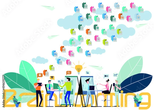 Obraz Business  man and  Lady  teamwork  Brainstorming,Contact communicate  with Cellphone, Laptop,Computer, icon, paper  rocket fold - Idea  concept creativity  innovation technology modern.
