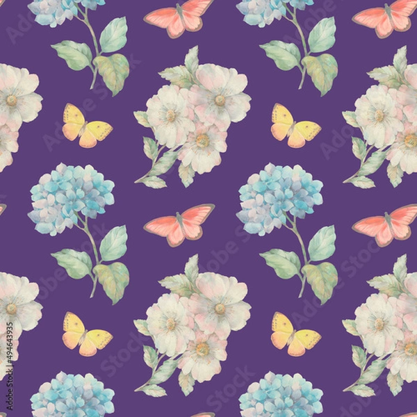 Fototapeta Delicate watercolor flowers and butterflies collected in a seamless pattern for design. Digitally processed seamless botanical pattern.