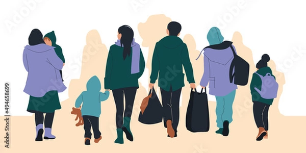 Obraz Refugees. People are being evacuated from the war zone. Women, children, old people go with their weights. Vector image.
