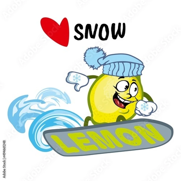 Fototapeta Cartoon character lemon. I love snow. Lemon on a snowboard. Vector illustration.