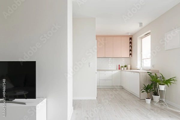 Fototapeta Widok na kuchnie i fragment salonu w minimalistycznym nowoczesnym stylu. Białe i różowe fronty mebli oraz sprzęt. 