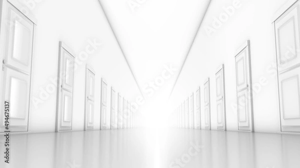 Fototapeta Long corridor with a lot of doors, 3d render illustration