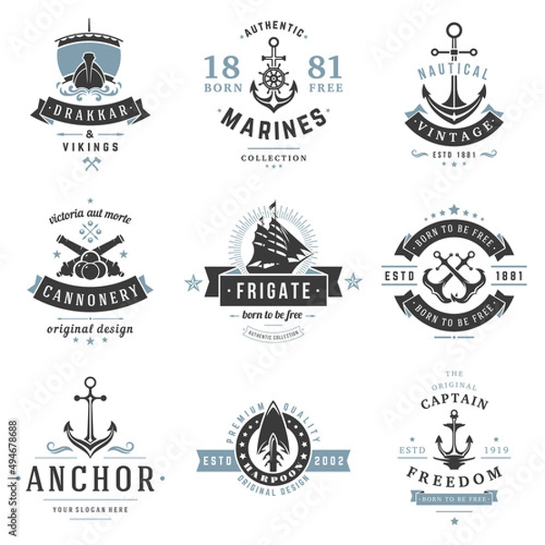 Fototapeta Nautical logos templates set vector objects and icons for marine labels, sea badges, anchor logos design, emblems graphics. Ship silhouettes, anchor symbols.