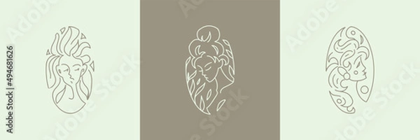 Fototapeta Modern abstract portrait. Logo for business in the beauty industry, spa, health, massage parlor, cosmetics, personal care. Linear stylized image of a girl's face in leaves. Forest nymph. Smooth lines