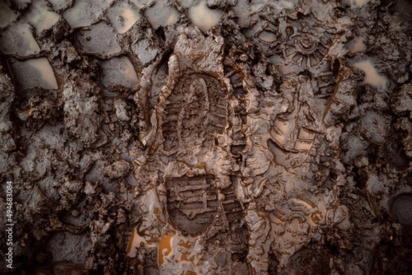 Fototapeta A boot print in the mud close-up. Footprint in the dirt. Bottom of shoes.